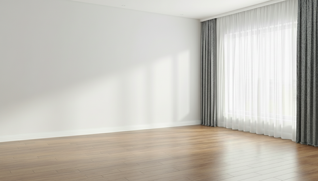 Soggiorno vuoto prima del virtual home staging con intelligenza artificiale