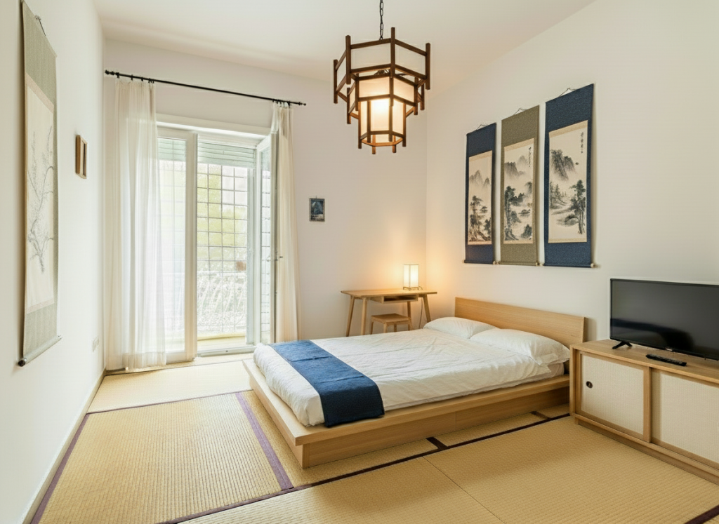 Camera da letto arredata in stile giapponese contemporaneo con lampadario zen e design minimal.