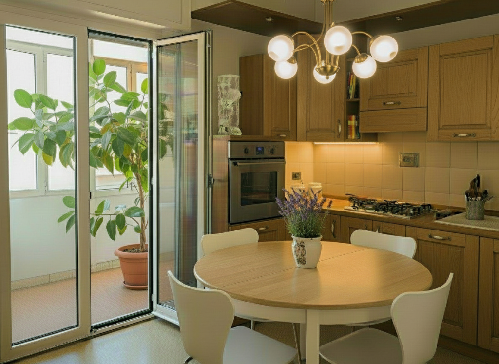 Cucina moderna con ante grigio seta, tavolo scandinavo, illuminazione LED e balcone pulito con piante.