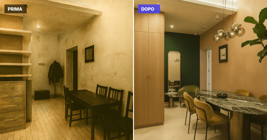 Confronto prima e dopo di una sala da pranzo: a sinistra ambiente trascurato con pareti giallastre e arredi scuri, a destra trasformazione digitale con intonaco veneziano terracotta e verde, tavolo in marmo e sedie in velluto contemporaneo.