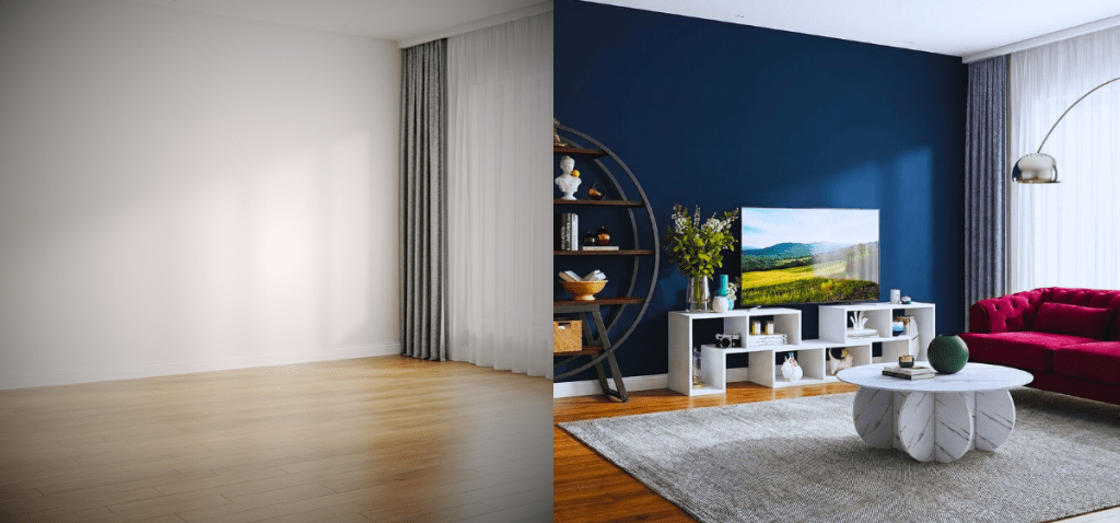 Confronto prima e dopo virtual home staging: soggiorno vuoto trasformato secondo le living tendenze 2026