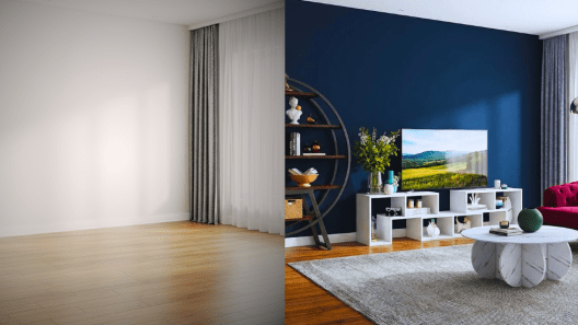 Confronto prima e dopo virtual home staging: soggiorno vuoto trasformato secondo le living tendenze 2026