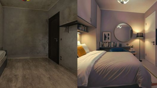 Il confronto rivela la trasformazione radicale di una stanza da un ambiente trascurato e poco illuminato a uno spazio moderno, luminoso e accogliente, evidenziando l'efficacia del virtual home staging nel migliorare l'attrattiva e il valore percepito dell'immobile.