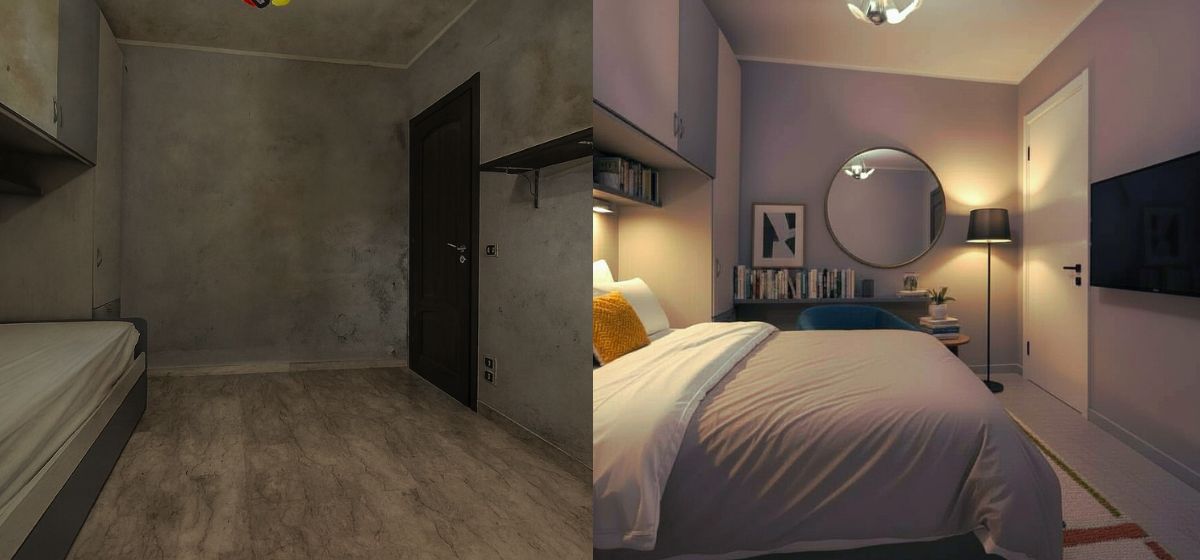 Il confronto rivela la trasformazione radicale di una stanza da un ambiente trascurato e poco illuminato a uno spazio moderno, luminoso e accogliente, evidenziando l'efficacia del virtual home staging nel migliorare l'attrattiva e il valore percepito dell'immobile.