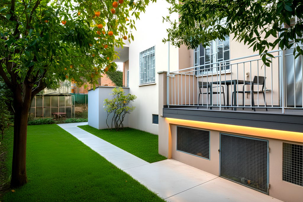 Giardino moderno con prato all'inglese perfettamente rasato, vialetto ordinato e illuminazione di design sotto il portico.