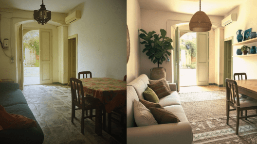 Confronto prima e dopo di un soggiorno: da ambiente datato e spoglio a spazio moderno, luminoso e valorizzato con stile mediterraneo grazie all'home staging AI.