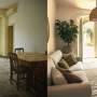 Confronto prima e dopo di un soggiorno: da ambiente datato e spoglio a spazio moderno, luminoso e valorizzato con stile mediterraneo grazie all'home staging AI.