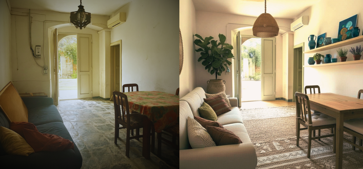 Confronto prima e dopo di un soggiorno: da ambiente datato e spoglio a spazio moderno, luminoso e valorizzato con stile mediterraneo grazie all'home staging AI.