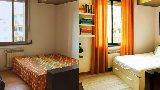 Le immagini mostrano un incredibile 'prima e dopo' di home staging: da una stanza spoglia e datata con un letto singolo e infissi vecchi a una moderna camera da letto ben arredata con letto matrimoniale, tende colorate, illuminazione studiata, librerie e decorazioni artistiche, migliorando enormemente l'appeal visivo e il valore percepito.