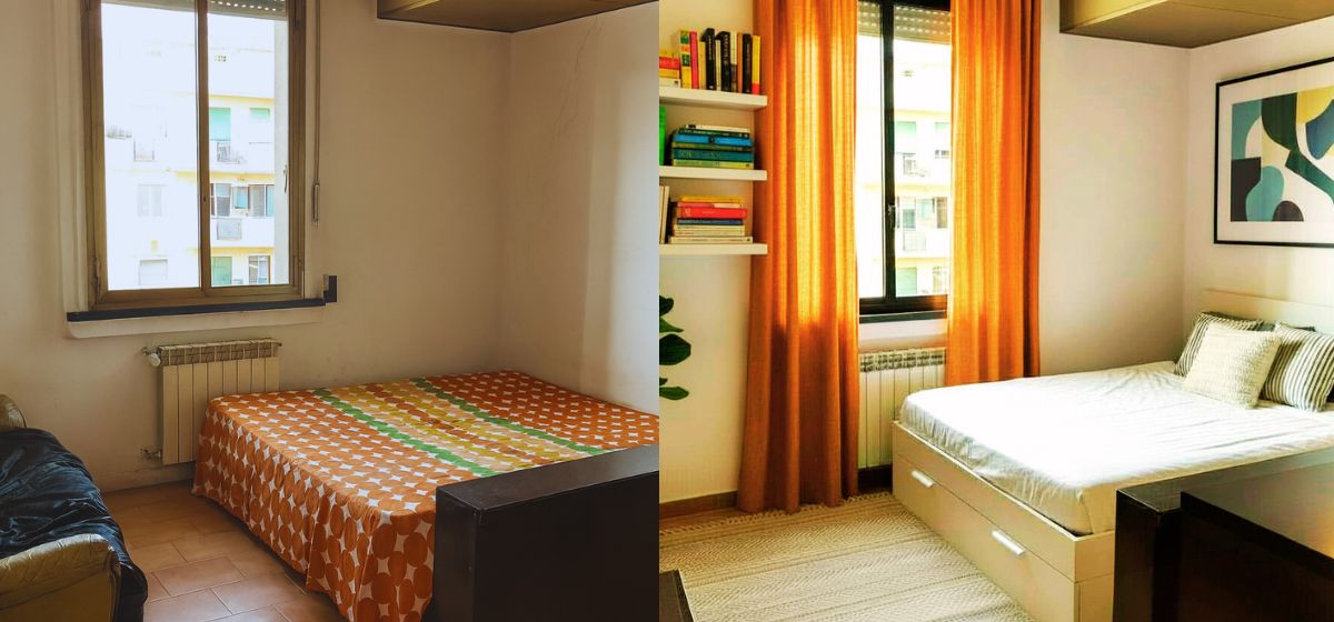 Le immagini mostrano un incredibile 'prima e dopo' di home staging: da una stanza spoglia e datata con un letto singolo e infissi vecchi a una moderna camera da letto ben arredata con letto matrimoniale, tende colorate, illuminazione studiata, librerie e decorazioni artistiche, migliorando enormemente l'appeal visivo e il valore percepito.