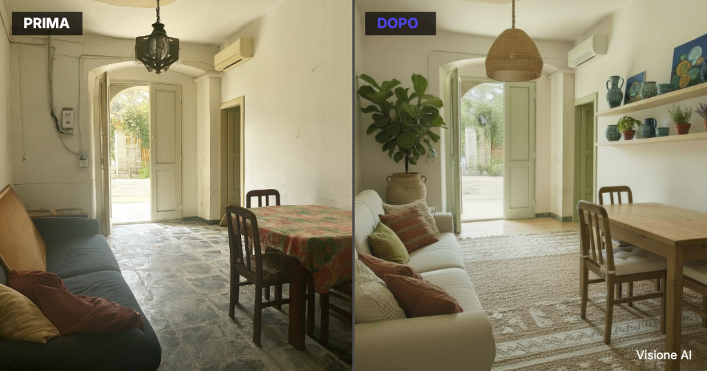 confronto salotto prima e dopo restyling mediterraneo chic con virtual home staging