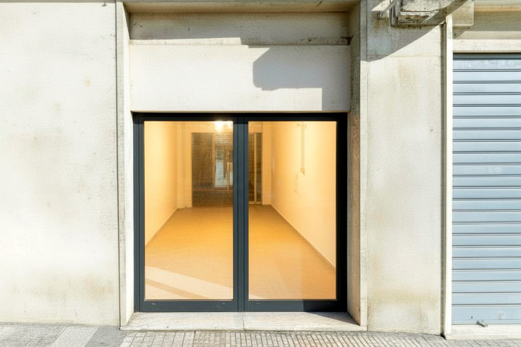 Facciata rinnovata di un negozio vuoto, porta a vetri chiara che mostra un interno luminoso con pareti bianche, mura esterne pulite e dipinte di grigio chiaro, pannello superiore ristrutturato e infissi migliorati. Serranda pulita accanto.